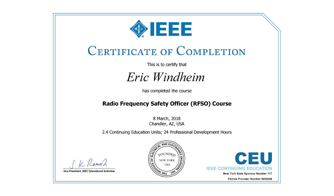 Radio Frequency Safety Officer (RFSO) Course Completion 2018 Windheim